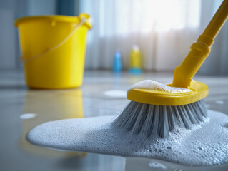 Yellow cleaning scrub brush with soapy foam on tiled floor, with a yellow bucket and cleaning supplies in the background, showcasing a tidying up activity in a bright, airy room