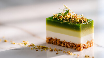 A gourmet pistachio mousse cake features stunning green layers over a nutty crust. Elegant presentation highlights this modern dessert's luxurious craftsmanship.