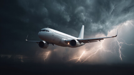 A commercial airplane faces intense lightning in a stormy sky. The dramatic scene captures the turbulence and danger of flying through severe weather.
