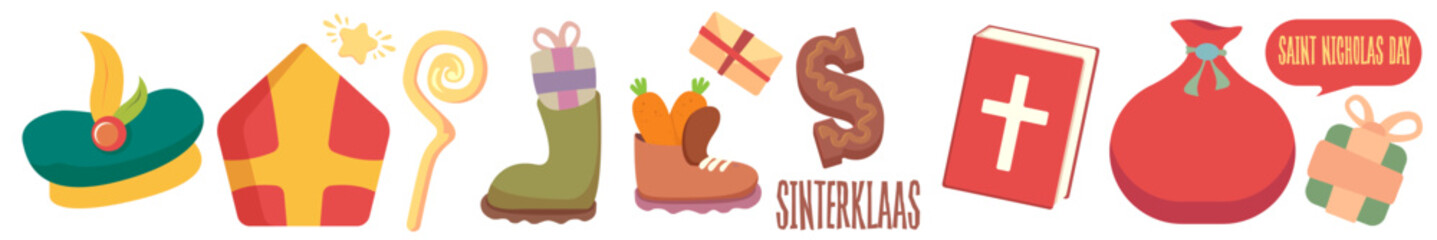 Sinterklaas and Saint Nicholas Day icons set vector illustration, traditional Dutch and Belgian holiday symbols, creative graphic art for greeting cards, invitations, and cultural event decorations