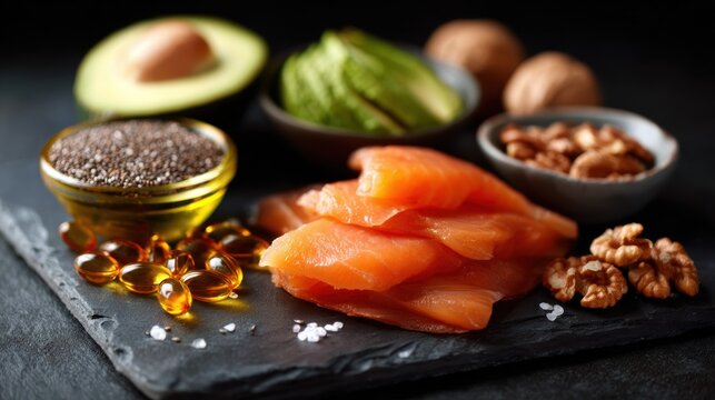 Fresh salmon, avocado, walnuts, and chia seeds displayed on a slate plate. A vibrant showcase of omega-3 rich foods and healthy nutrition essentials.