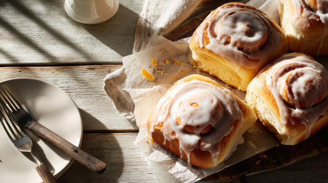 Freshly baked cinnamon rolls with thick icing glisten in warm natural light. These sweet pastries invite indulgence on a rustic wooden table. - Powered by Adobe