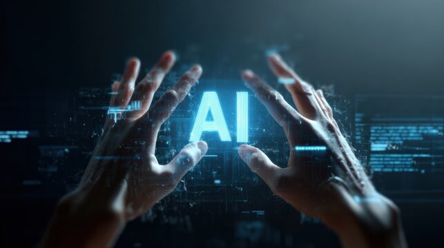 Human hands reach toward a glowing AI hologram in a digital interface. This futuristic composition highlights artificial intelligence and technological innovation. - Powered by Adobe