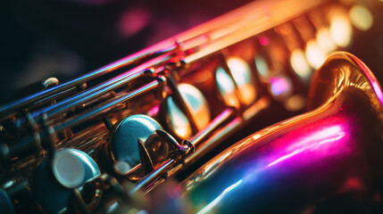 A saxophone under colorful, vibrant lighting, highlighting its shiny brass curves. The closeup detail reveals intricate keys and glowing reflections.