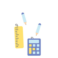 Pencils, ruler, and calculator icon set, ideal for math supplies, geometry, or educational materials on measurement and calculation.