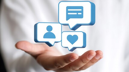 Hand holding three blue social media icons representing communication users and likes symbolizing digital interaction and online engagement in a modern concept