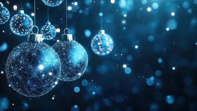 Modern tech inspired Christmas baubles with glowing plexus network patterns, hanging against a deep blue bokeh backdrop to evoke a digitally connected, festive holiday scene