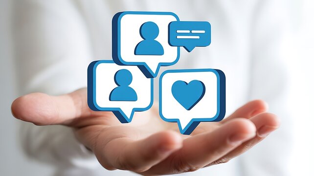 Close up of a hand holding a cluster of blue speech bubbles with icons representing social media connections communication and likes symbolizing online interaction and networking