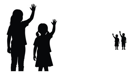 Children waving silhouettes isolated on white background, Vector