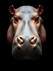 An award-winning, highly realistic portrait features a morphed face of a pygmy hippopotamus on a black background.
