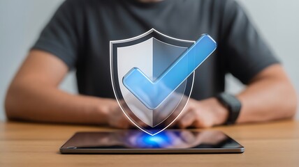 Digital security concept with a glowing blue checkmark superimposed on a shield icon hovering above a tablet computer on a wooden desk