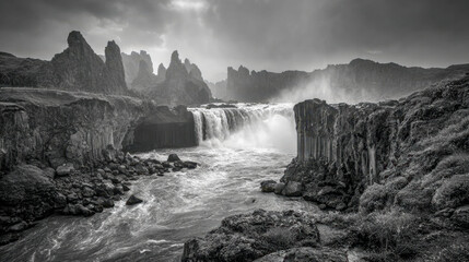 Dramatic black and white landscape of powerful waterfall flowing between rugged basalt cliffs under cloudy sky in a remote natural setting