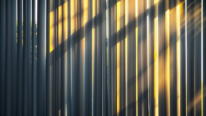Abstract architectural detail of vertical blinds with dramatic sunlight creating patterns of light and shadow.