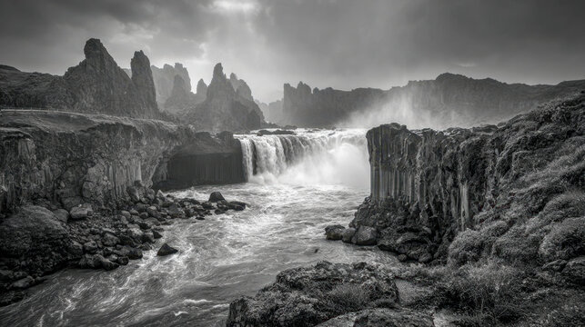 Dramatic black and white landscape of powerful waterfall flowing between rugged basalt cliffs under cloudy sky in a remote natural setting