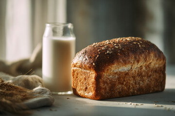 Freshly baked whole grain bread loaf with a glass of creamy milk on a rustic table illuminated by soft natural light through a window curtain