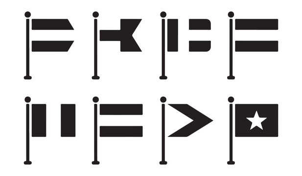  Collection of black and white nautical signal flags on poles representing maritime communication