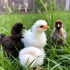Fluffy Baby Silkie Chickens in a Green Meadow