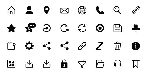 Modern website and app icon set with simple outline graphics for computer interfaces, web pages, and mobile devices — suitable for UI kits, design systems, and technology projects.