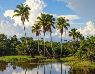 A scenic riverside with lush green foliage, tall palm trees, and a partly cloudy blue sky reflecting on the still water