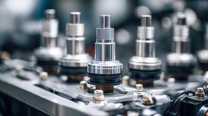 Precision-engineered metal components assembled on industrial machinery showcasing detailed craftsmanship and advanced manufacturing technology in a factory setting