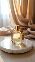 Luxurious perfume bottle on a round marble podium with a soft curtain backdrop. Gentle scattered lighting creates an elegant, high-end studio look for beauty and fragrance branding.
