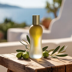 Frosted glass bottle with three fresh olives and stems placed in direct sunlight. Clean, bright product photography with strong natural shadows, ideal for cosmetic or olive oil branding.