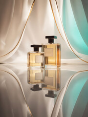 Artistic perfume bottles arranged on a reflective glass surface, creating clear mirrored reflections. Elegant, modern product photography with clean studio lighting.