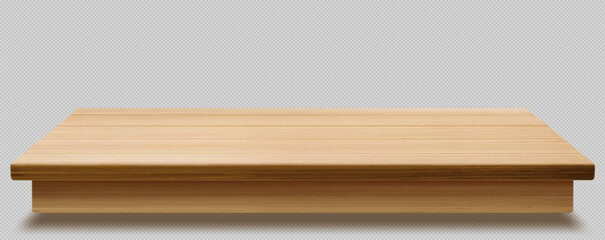 Wooden desk surface with natural wood grain texture isolated on transparent background in perspective view. Realistic timber kitchen countertop or tabletop display for product presentation mockups.