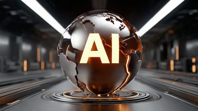 Global AI:  A radiant globe symbolizing artificial intelligence stands boldly, embedded within a futuristic tech environment, embodying the evolution of technology and the boundless potential of AI.