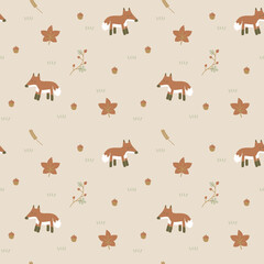 Fototapeta premium seamless minimal autumn season with fox repeat pattern background, flat vector illustration graphic design
