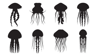  Collection of eight black silhouette jellyfish with long tentacles on a white background ©  graphicdeck