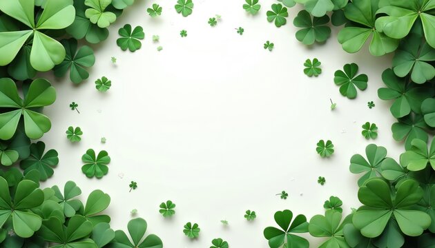 Green shamrock clovers create a festive border with a central blank space perfect for text or graphics. This image evokes Irish luck and spring celebrations.
