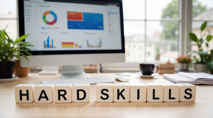 Competency development visual for analytics driven courses and job readiness content, featuring hard skills headline before dashboard graphics to support HR presentations about measurable abilities