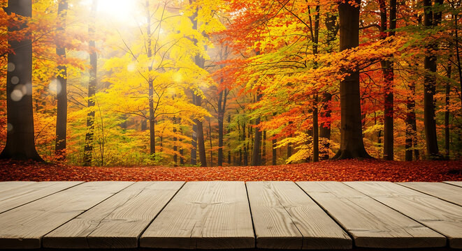 Wooden planks in foreground with vibrant autumn forest and sun rays shining through the trees
