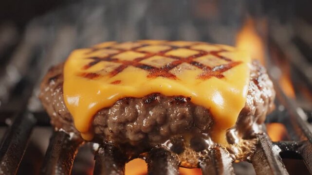 A delicious beef burger patty with melted cheddar cheese, showing a diamond grill pattern, sizzling on a fiery grill with flames animated 4k video