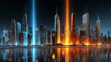 City Skyline's Dynamic Glow: A mesmerizing urban landscape comes alive, its modern skyscrapers and reflecting waters illuminated by striking blue and orange beams.