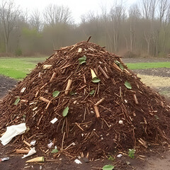 Large mound of biodegradable materials in different stages of composting, biodegradable, decompose
