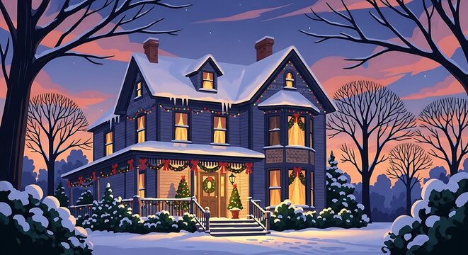Victorian home decorated for christmas with snow and warm lights at dusk - Powered by Adobe