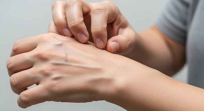 Closeup of a person scratching an itchy hand with visible veins