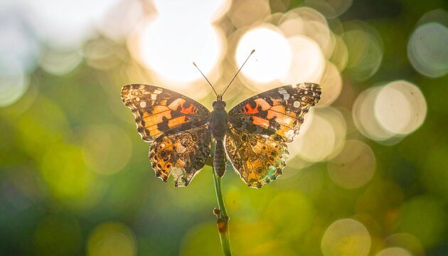 A painted lady butterfly rests on a green stem, with a blurred bokeh background of sunny, green