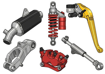 Collection of motorcycle parts on white background