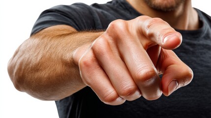 Close-up of a human hand with a pointing gesture against a clean white background, showcasing strong fingers and detailed skin texture