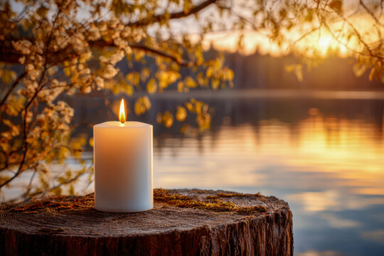 White candle lit on a tree stump near a tranquil lake at golden hour with blooming branches and soft sunlight reflecting on calm water surface in springtime scenery - Powered by Adobe