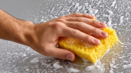 Human hand scrubbing a car surface with a yellow sponge and soap suds, emphasizing cleanliness and attention to detail