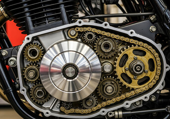 Motorcycle engine gearbox with visible gears and chain