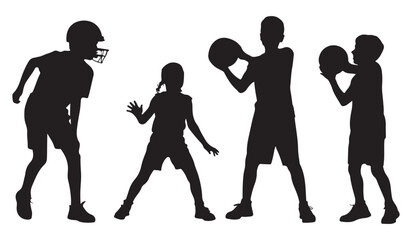  Silhouettes of diverse children playing sports and games together outdoors on a sunny day