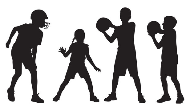  Silhouettes of diverse children playing sports and games together outdoors on a sunny day