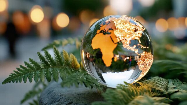 Global Perspective: A crystal globe, showcasing a map of the world, rests delicately on a bed of lush, green leaves.