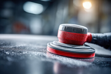 A red and black rotary car polishing machine buffing car surface to a shiny finish under focused light in an auto repair workshop environment