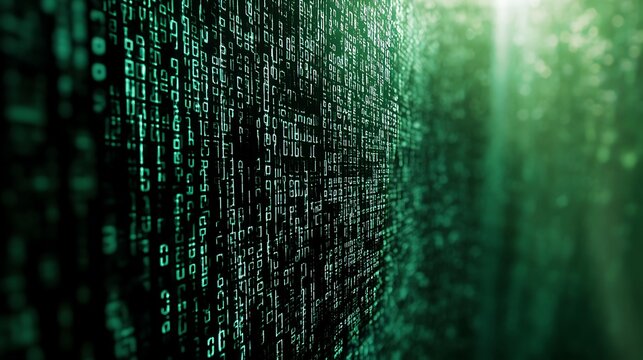 Dense green binary code wall with light rays and bokeh in a forest effect data digital photo